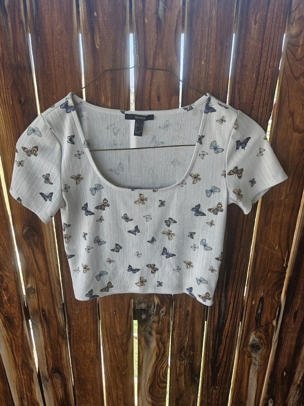 Forever 21 White Ribbed Square Neck Butterfly Crop Top Size Large Y2K 90s 00s